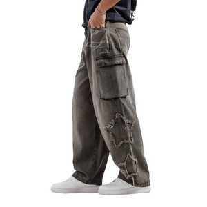 Men's Cargo Denim Pants Loose Fit Stonewashed Ripped Distressed Solid Color Streetwear Style Mid Waist Cotton Autumn Wear - Product Image 4