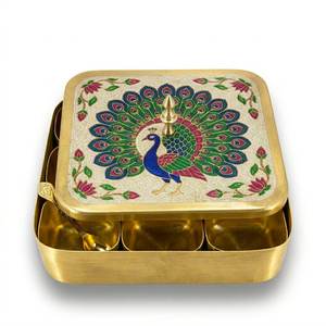 Handcrafted Brass <b>Masala</b> <b>Box</b> with Animal Meenakari Art Decorative Spice Storage Container for Kitchen Dining Table Gift Use - Product Image 3