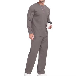 Ensemble de pyjama en tricot uni à manches longues pour homme, taille plus, vêtements décontractés d'automne, 100% coton, jogging, survêtement gris, décontracté, automne - Product Image 1