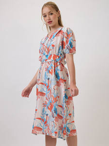 Vestido midi acampanado con estampado tropical naranja, cuello en V, mangas cortas, lavable, natural, venta al por mayor - Product Image 2