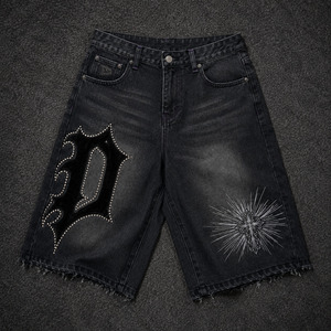 Gothic Y2K baggy velour applique denim jorts herren streetwear shorts with rhinestone detail low MOQ wholesale - Product Image 1