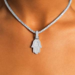 Luxury Round Moissanite Hamsa Hand Pendant Necklace 925 <b>Silver</b> Rhodium Plated Micro Pave <b>Box</b> <b>Chain</b> Unisex Everyday Wear - Product Image 1