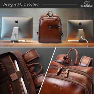 Leather Talks Genuine Leather <b>Backpack</b> Brown Classic Style Durable Zipper Closure Handle Design - Product Image 4