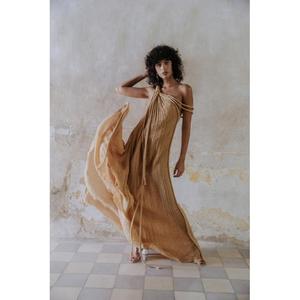 Robe fourreau asymétrique plissée longue fendue taille haute sans manches couleur unie coupe élégante taille naturelle 100% coton pour l'été - Product Image 6