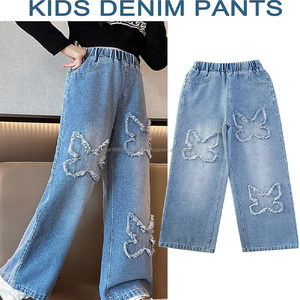 Pantalones vaqueros casuales para niñas con lazo y bordado, diseño de pierna ancha en negro, novedad para estudiantes de secundaria, para primavera y otoño, en stock. - Product Image 3