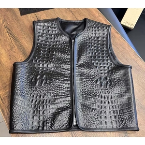 Gilet de motard en cuir véritable de vachette gaufré crocodile pour homme, fermeture éclair avant, noir, luxe, pour la moto - Product Image 1