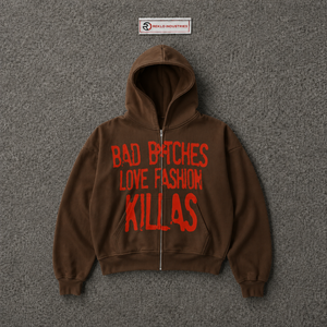 Sweat-shirt à capuche marron surdimensionné avec fermeture éclair, imprimé graphique rouge, streetwear unisexe, fermeture éclair intégrale, pour hommes et femmes, coupe décontractée - Product Image 5