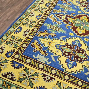 Oushak Rug Modern Custom Area Rug Abstract Pattern Light Blue <b>Yellow</b> Turkish <b>Wool</b> Handmade PET Friendly Exercise Prayer Bedroom - Product Image 1