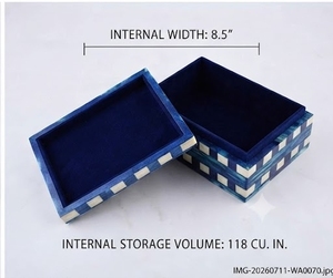 Rectangular MDF <b>Storage</b> <b>Box</b> for Jewelry Blue White Resin Checkered Woven Design Modern Versatile Eco-friendly with <b>Lid</b> - Product Image 2