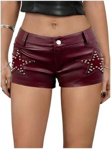 Shorts en cuir bordeaux à taille haute avec clous et strass en forme d'étoile, coupe ajustée, vêtements de club pour femmes - Product Image 4