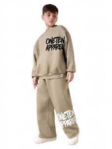 Ensemble survêtement enfant ONETEN APPAREL, sweat-shirt col rond beige et pantalon jogger, style streetwear, coupe ample, longueur intégrale, coton, automne, garçons - Product Image 1
