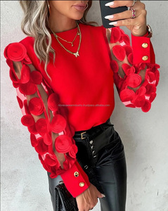 Wholesale Womens Fashion Lace Floral <b>Tops</b> Blouses Women 2024 <b>Long</b> <b>Sleeve</b> Elegant O-neck Loose Shirt - Product Image 3