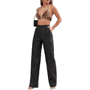 Women Genuine Leather Pants High Waist Regular Fit Stretch Faux Leather Straight Trousers Casual Streetwear Windproof - Product Image 2