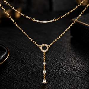 Collier en or 14K 18K à double rangée avec diamant de laboratoire taille ronde, collier en Y, DEF VVS, pendentif cercle classique, bijoux fins pour femmes - Product Image 1