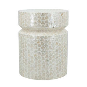 Delicate White Mother Of Pearl Drum <b>Table</b> Capiz Shell Mosaic Accent Stool MOP Round <b>End</b> <b>Table</b> Coastal For Living Room Bedroom - Product Image 1