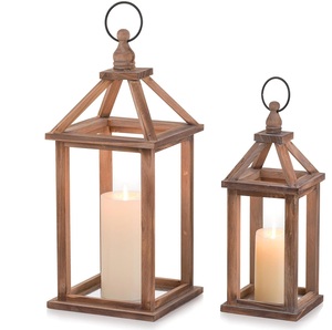 <b>Set</b> of 2 Rustic Wooden <b>Lanterns</b> Decorative Candle Holder Home Decor Wedding Table Centerpiece Indoor Outdoor Fireplace Decor - Product Image 1