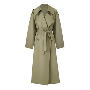 Manteau long élégant noir pour femme, double boutonnage, col à revers, avec ceinture, imperméable, en polyester tissé léger, pour l'automne - Product Image 4