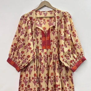 Robe décontractée mi-longue en coton tissé uni pour femme, toutes saisons, manches ballon, taille empire, style babydoll, col en V oversize - Product Image 4