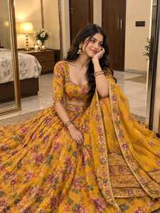 <b>Women</b> Mustard Yellow Floral Print 100% Silk <b>Short</b> Top Lehenga Choli <b>Set</b> with Dupatta Sequins Mirror Work Embroidery 3 Piece - Product Image 5