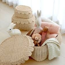 Natural Rattan Storage <b>Baskets</b> Oval Scallop Design <b>Stackable</b> Eco-Friendly Nordic Style For Nursery Kids Room Home Organization - Product Image 3