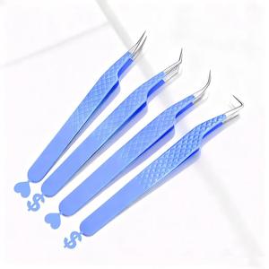 Morje Surgical Precision Stainless Steel <b>Eyelash</b> Tweezers Set Blue Handle Smooth Tip 10mm 4pcs - Product Image 1