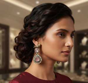 Pendientes Colgantes Tradicionales Étnicos de Aleación Chapada en Oro con Circonitas, Perlas de Imitación y Kundan, Color Rosa, para Mujer, Ideales para Compromiso - Product Image 1