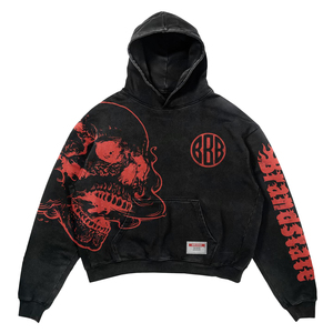 Sweat à capuche oversize noir personnalisé pour homme, 100 % coton French Terry, streetwear, avec imprimé crâne rouge et poche avant, effet délavé - Product Image 2