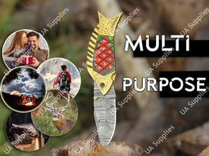 Cuchillo de bolsillo plegable multiusos de acero de Damasco grabado con mango de latón y madera, estilo pez, con funda, para exteriores, EDC, cuchillos utilitarios OEM - Product Image 4