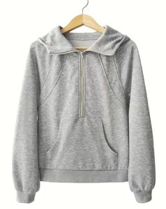 Women's Gray Hooded Zip-Up Sweatshirt with Front Pocket Casual Solid Knitted Pullover Winter Wear Eco-Friendly Polyester/Cotton - Product Image 4