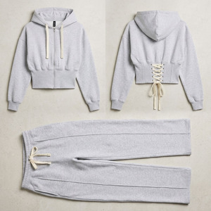 Conjunto de Sudadera Corta con Detalle de Corsé y Pantalones Anchos de Cintura Ajustada para Mujer, Chándal Personalizado de Felpa de Algodón Grueso - Product Image 4