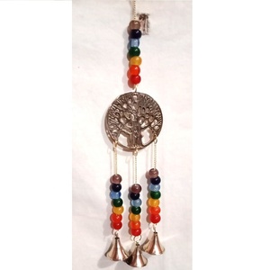 Hand Casted Brass Star in a <b>Ring</b> (<b>Pentagram</b>) With Colorful Beads Having Three Brass Bells Hanged With Brass Chains - Product Image 2