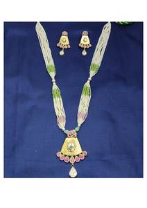 Classic 925 Silver <b>Pearl</b> Beaded <b>Necklace</b> <b>Set</b> with Green Pink Accents Traditional Pendant and Matching Earrings for Wedding Wear - Product Image 3