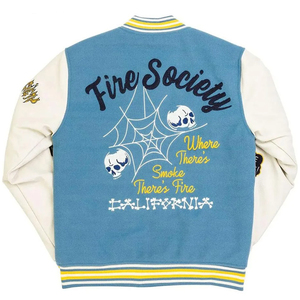 Chaqueta Varsity Azul de Lana Personalizada para Hombre con Mangas de Cuero, Parche de la Sociedad Contra Incendios, Estilo Urbano, Chaqueta de Béisbol Letterman Vintage - Product Image 3