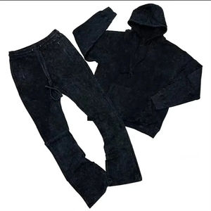 Ensemble de survêtement unisexe délavé à l'acide, personnalisé, en coton molletonné, avec pantalon évasé et sweat à capuche, 2 pièces, poids lourd, pour homme, coupe oversize - Product Image 3