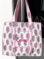 Sac fourre-tout matelassé en coton indien floral fait main style bohème pour le shopping, réutilisable au quotidien, idéal pour le marché, printemps, été, automne