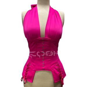 Hot Pink Halter Neck Spandex Overbust Steel Boned Corset Deep Plunge Waist Training Fashion Party Clubwear Corset Manufacturer - Product Image 3
