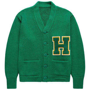 Cardigan unisexe vert à col en V, en tricot acrylique, pour hommes, style universitaire, avec broderie de patch, couleur unie, hiver - Product Image 1