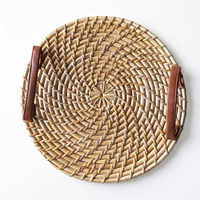 Plateau de service et de présentation AG Elements en rotin naturel tressé, style bohème, avec poignées en cuir PU, 12 pouces, pour ottoman décoratif