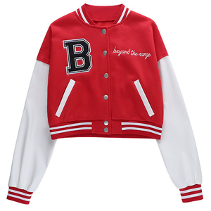 Women's Plus Size Short Cropped Varsity <b>Jackets</b> New Design Long Sleeve Wool Body Organic <b>Leather</b> Chenille Patches OEM Fabric - Product Image 1