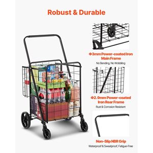 Carrito de Compras Plegable Jumbo de Alta Resistencia, 110 LBS, con Dos Cestas, Ruedas Giratorias de 360°, Carrito Grande para Supermercado - Product Image 6