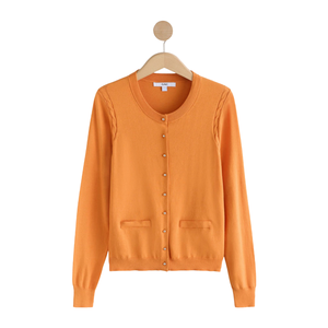 Cárdigan de Cuello Redondo para Mujer, Color Naranja, Tacto Suave, Algodón, Manga Larga, Tejido de Punto, Botones al Frente, Bolsillos, ODM, Todas las Temporadas - Product Image 3