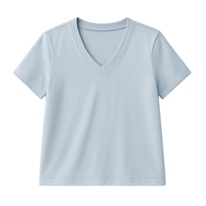 T-shirt décontracté pour femme, bleu ciel, col en V, en toile polyester/coton, doux et respirant, avec option OEM - Product Image 3