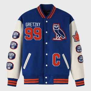 Chaqueta Bomber Universitaria Gretzky OVO Great One Letterman Vintage con Cierre Completo, Cuerpo de Lana, Mangas de Cuero Genuino, Talla Grande, Tejida - Product Image 1