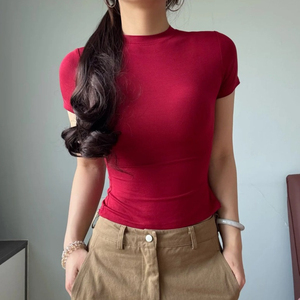 Summer New Unisex Solid Color Crew Neck Slim Fit Full Sleeve Hip Hop Knitted Breathable 100% Cotton T-Shirt - Product Image 3