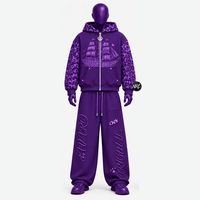 Survêtement violet à capuche, manches longues, motif bateau en relief, streetwear, coupe ample, pantalon de survêtement zippé sur le devant avec poches latérales, tendance