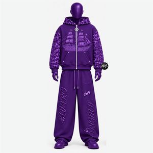 <b>Mens</b> <b>Green</b> Hooded Tracksuits Full Sleeve Embossed Ship Design Streetwear OEM Loose Fit Zipper Front Sweatpants with Side Pockets - Product Image 5