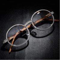Lunettes de soleil vintage rondes en moissanite, de luxe, pour hommes et femmes, ovales, en cristal et bois, bleues, UV400, monture tendance, bijoux hip-hop