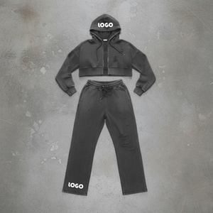 Custom Manufacturer Oversized French Terry Acid Wash Distressed Embroidered <b>Zip</b> <b>up</b> Cropped Hoodie Women Two Piece Tracksuit Set - Product Image 3