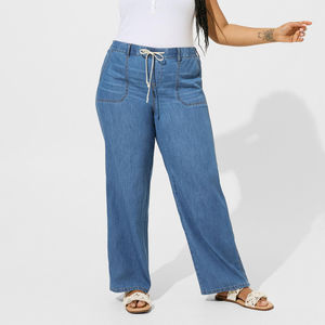 High <b>Waist</b> Womens Drawstring Denim <b>Jeans</b> <b>Elastic</b> Wide Leg Loose Blue Pants Casual Summer Style - Product Image 2