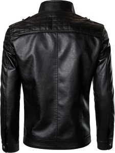<b>Men</b> Black PU <b>Leather</b> Moto Biker <b>Jacket</b> Zipper Front Stand Collar Solid Color Regular Sleeve Autumn Style Slim Fit - Product Image 2